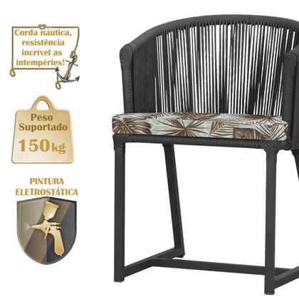 Imagem de Mesa com 4 Cadeiras de Jantar Roma 100cm e Noronha em Aluminío Preto Corda Nautica Estofado 6 Trama Original