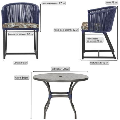 Imagem de Mesa com 4 Cadeiras de Jantar Roma 100cm e Noronha em Aluminío Preto Corda Nautica Estofado 6 Trama Original