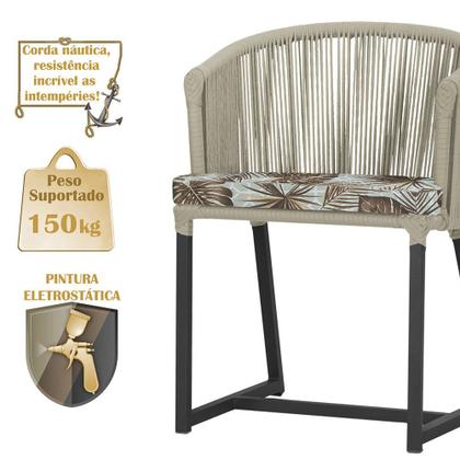 Imagem de Mesa com 4 Cadeiras de Jantar Roma 100cm e Noronha em Aluminío Preto Corda Nautica Estofado 6 Trama Original