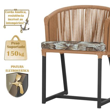 Imagem de Mesa com 4 Cadeiras de Jantar Roma 100cm e Noronha em Aluminío Preto Corda Nautica Estofado 6 Trama Original