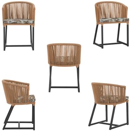 Imagem de Mesa com 4 Cadeiras de Jantar Roma 100cm e Noronha em Aluminío Preto Corda Nautica Estofado 6 Trama Original