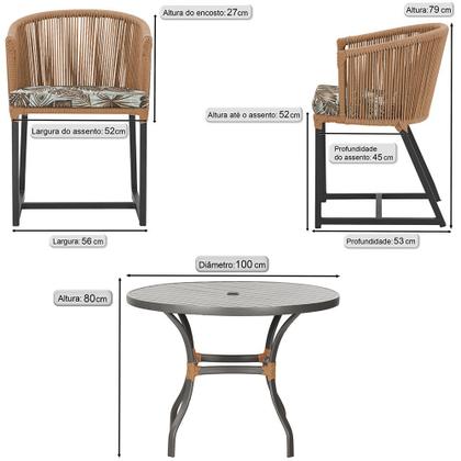 Imagem de Mesa com 4 Cadeiras de Jantar Roma 100cm e Noronha em Aluminío Preto Corda Nautica Estofado 6 Trama Original