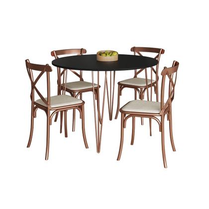Imagem de Mesa com 4 Cadeiras Katrina Cobre Elen Hairpin 110cm Jantar Preta Base Cobre