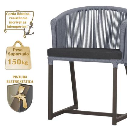 Imagem de Mesa com 6 Cadeiras de Jantar Roma 120cm e Noronha em Alumínio Marrom Corda Náutica Estofado 11 Trama Original