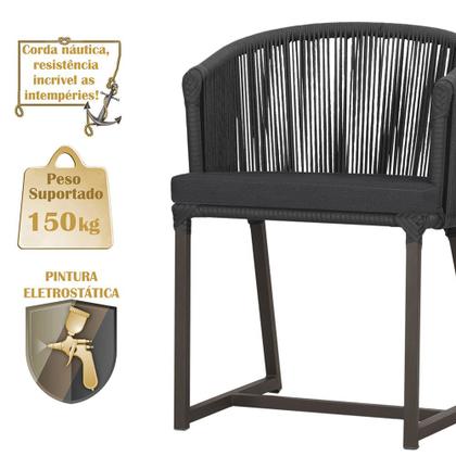 Imagem de Mesa com 6 Cadeiras de Jantar Roma 120cm e Noronha em Alumínio Marrom Corda Náutica Estofado 11 Trama Original