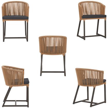 Imagem de Mesa com 6 Cadeiras de Jantar Roma 120cm e Noronha em Alumínio Marrom Corda Náutica Estofado 11 Trama Original