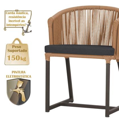 Imagem de Mesa com 6 Cadeiras de Jantar Roma 120cm e Noronha em Alumínio Marrom Corda Náutica Estofado 11 Trama Original