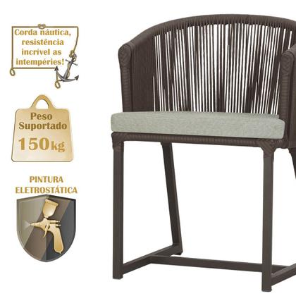 Imagem de Mesa com 6 Cadeiras de Jantar Roma 120cm e Noronha em Alumínio Marrom Corda Náutica Estofado 3 Trama Original