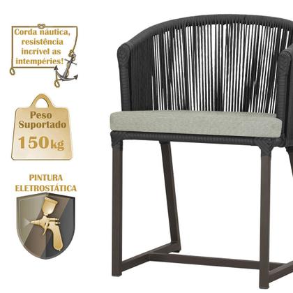 Imagem de Mesa com 6 Cadeiras de Jantar Roma 120cm e Noronha em Alumínio Marrom Corda Náutica Estofado 3 Trama Original