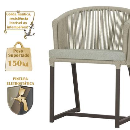 Imagem de Mesa com 6 Cadeiras de Jantar Roma 120cm e Noronha em Alumínio Marrom Corda Náutica Estofado 3 Trama Original