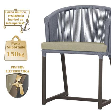 Imagem de Mesa com 6 Cadeiras de Jantar Roma 120cm e Noronha em Alumínio Marrom Corda Náutica Estofado 7 Trama Original