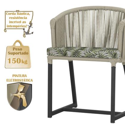 Imagem de Mesa com 6 Cadeiras de Jantar Roma 120cm e Noronha em Alumínio Preto Corda Náutica Estofado 5 Trama Original