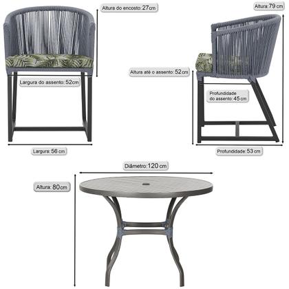 Imagem de Mesa com 6 Cadeiras de Jantar Roma 120cm e Noronha em Alumínio Preto Corda Náutica Estofado 5 Trama Original