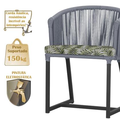 Imagem de Mesa com 6 Cadeiras de Jantar Roma 120cm e Noronha em Alumínio Preto Corda Náutica Estofado 5 Trama Original