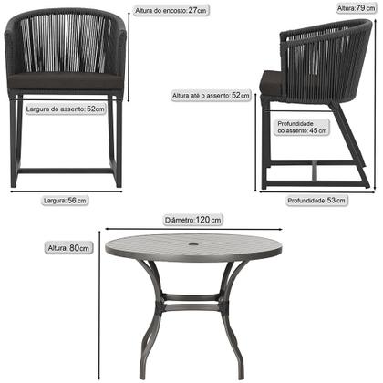 Imagem de Mesa com 6 Cadeiras de Jantar Roma 120cm e Noronha em Alumínio Preto Corda Náutica Estofado 9 Trama Original