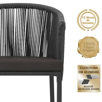 Imagem de Mesa com 6 Cadeiras de Jantar Roma 120cm e Noronha em Alumínio Preto Corda Náutica Estofado 9 Trama Original