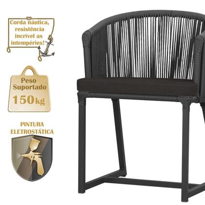 Imagem de Mesa com 6 Cadeiras de Jantar Roma 120cm e Noronha em Alumínio Preto Corda Náutica Estofado 9 Trama Original