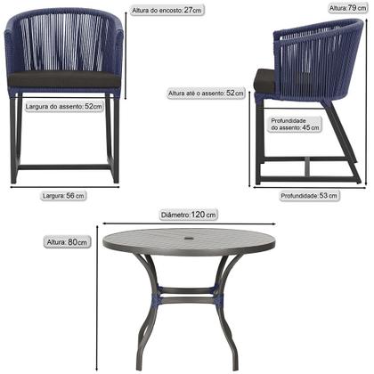 Imagem de Mesa com 6 Cadeiras de Jantar Roma 120cm e Noronha em Alumínio Preto Corda Náutica Estofado 9 Trama Original