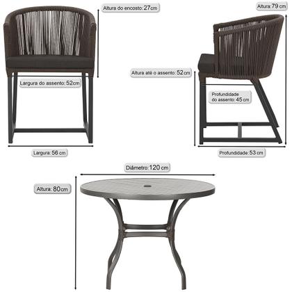 Imagem de Mesa com 6 Cadeiras de Jantar Roma 120cm e Noronha em Alumínio Preto Corda Náutica Estofado 9 Trama Original