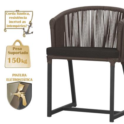 Imagem de Mesa com 6 Cadeiras de Jantar Roma 120cm e Noronha em Alumínio Preto Corda Náutica Estofado 9 Trama Original