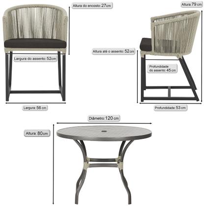 Imagem de Mesa com 6 Cadeiras de Jantar Roma 120cm e Noronha em Alumínio Preto Corda Náutica Estofado 9 Trama Original