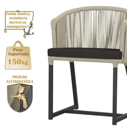 Imagem de Mesa com 6 Cadeiras de Jantar Roma 120cm e Noronha em Alumínio Preto Corda Náutica Estofado 9 Trama Original