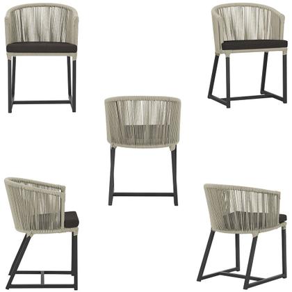 Imagem de Mesa com 6 Cadeiras de Jantar Roma 120cm e Noronha em Alumínio Preto Corda Náutica Estofado 9 Trama Original