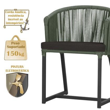 Imagem de Mesa com 6 Cadeiras de Jantar Roma 120cm e Noronha em Alumínio Preto Corda Náutica Estofado 9 Trama Original