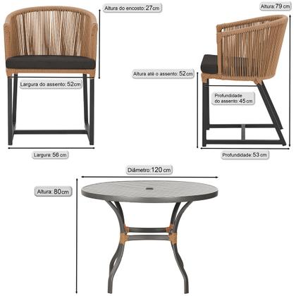 Imagem de Mesa com 6 Cadeiras de Jantar Roma 120cm e Noronha em Alumínio Preto Corda Náutica Estofado 9 Trama Original