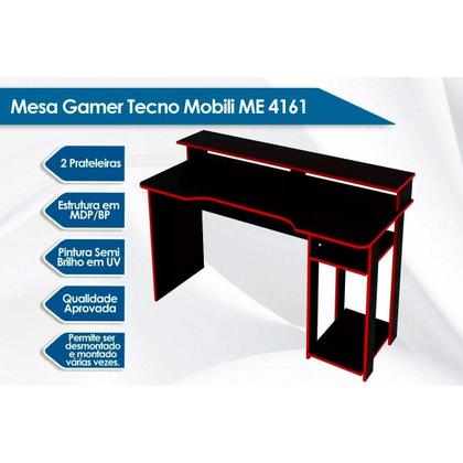 Imagem de Mesa Computador Quarto Gamer ( de Computador + Estante) 2 Peças Preto/Vermelho - Tecno Mobili