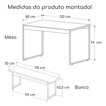 Imagem de Mesa Cozinha 2 Bancos Industrial Retangular 120x80 Pé Metal