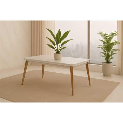 Imagem de Mesa Cozinha Havana c/ Tampo Madeirado c/ Vidro Canto Curvo 120x80cm e 4 Cadeiras Dakota Madeira Maciça Naturale/Off White - Capuccino/Suede Marrom-Ru