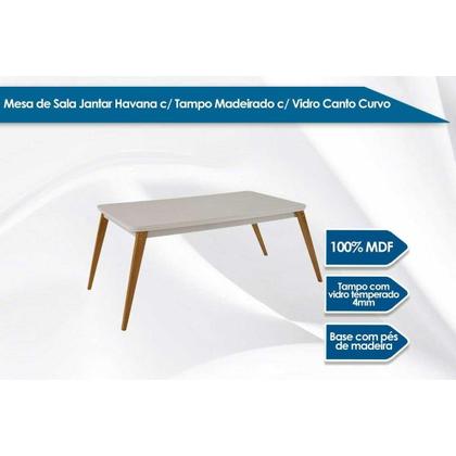 Imagem de Mesa Cozinha Havana c/ Tampo Madeirado c/ Vidro Canto Curvo 120x80cm e 4 Cadeiras Dakota Madeira Maciça Naturale/Off White - Capuccino/Suede Marrom-Ru