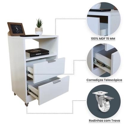 Imagem de Mesa Criado 40Cm 2 Gavetas 1 Nicho Quarto Casal C/Rodinhas