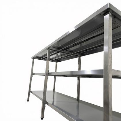 Imagem de Mesa de Aço Inox Industrial 140x60x90 cm com 2 Prateleiras Plano Liso Nortinox