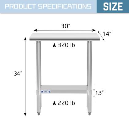 Imagem de Mesa de aço inoxidável HALLY 14x30in com prateleira inferior para cozinha