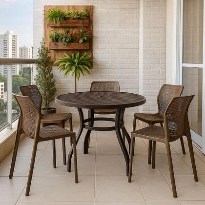 Imagem de Mesa de Alumínio 90cm Tampo Ripado 4 Cadeiras Laryssa Polipropileno Para Varanda