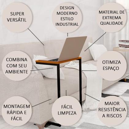 Imagem de Mesa De Apoio Lateral Encaixe Braço Sofá Cama Até 20kg Madeira Aço Vintage