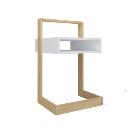 Imagem de Mesa de apoio lateral na cor branca com detalhe amadeirado