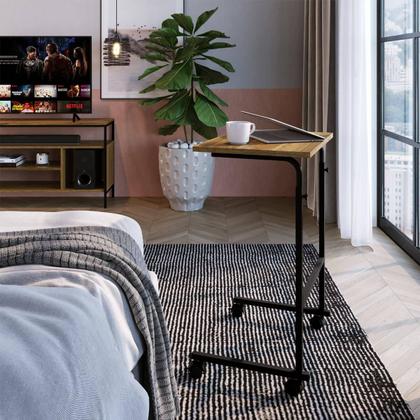 Imagem de Mesa De Apoio Lateral Sofa Ajustável Preto e Noce Oro Industrial Mesinha Auxiliar Placa e Ponto