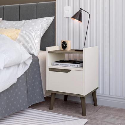 Imagem de Mesa de Cabeceira 1 Gaveta Gabriela Pés Retrô - Off White/Canela