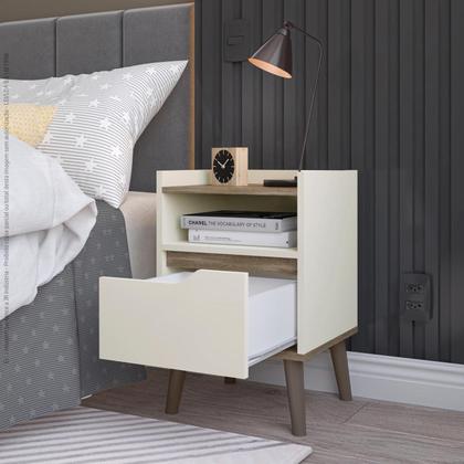 Imagem de Mesa de Cabeceira 1 Gaveta Gabriela Pés Retrô - Off White/Canela