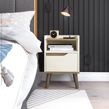 Imagem de Mesa de Cabeceira 1 Gaveta Gabriela Pés Retrô - Off White/Canela