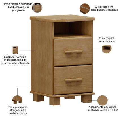 Imagem de Mesa de Cabeceira 2 Gavetas Madeira Maciça Zahav F06 Freijó - Lyam Decor