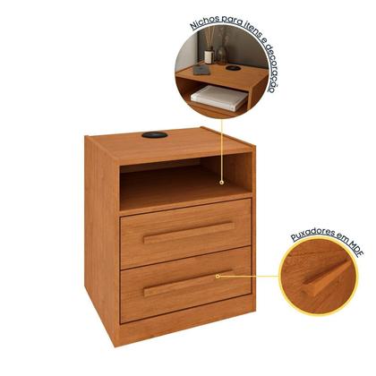 Imagem de Mesa de Cabeceira 2 Gavetas Ripado com Carregador USB Espresso Móveis