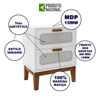 Imagem de Mesa De Cabeceira 2 Gavetas Santorini Branco 45 Cm Palhinha Indiana