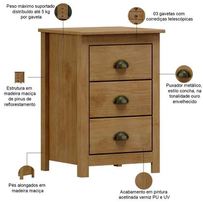 Imagem de Mesa De Cabeceira 3 Gavetas Madeira Maciça Mazzaro F06 Freijó - Lyam Decor