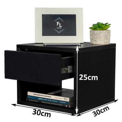 Imagem de Mesa de Cabeceira 30cm Preta 1 Gaveta e 1 Nicho Decoração Moderna Lateral da Cama Quarto Estilo Suspensa
