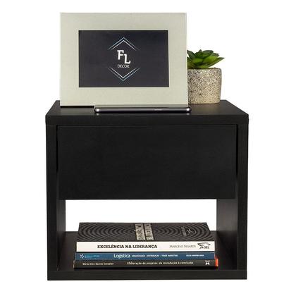Imagem de Mesa de Cabeceira 30cm Preta 1 Gaveta e 1 Nicho Decoração Moderna Lateral da Cama Quarto Estilo Suspensa