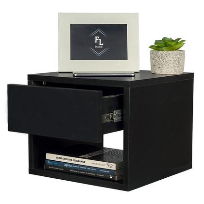 Imagem de Mesa de Cabeceira 30cm Preta 1 Gaveta e 1 Nicho Decoração Moderna Lateral da Cama Quarto Estilo Suspensa